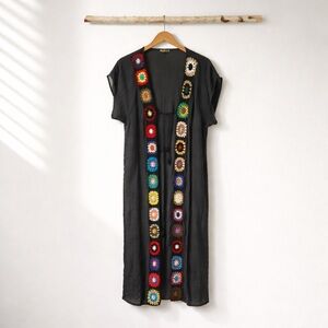 CH Impressions Black Boho Lagenlook Cardigan with‎ Crochet Trim Size M